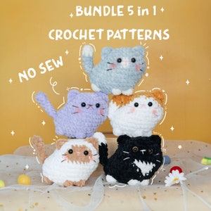 Crochet Cat - 5 in 1 NO SEW Crochet Cat Pattern (PDF) - Amigurumi Cat Pattern - No sew bun cat, Amigurumi Cat, Mini cat loaf crochet pattern