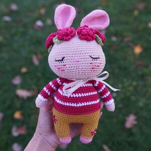 May include: A pink crocheted bunny with a red and white striped shirt, brown pants, and a flower crown. The bunny has closed eyes and a sweet expression.