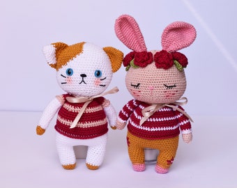 PDF Crochet pattern: Combo Momo cat and Gigi bunny, Amigurmi doll pdf, Amigurumi tuto, Crochet doll pattern, crochet bunny pdf, crochet cat