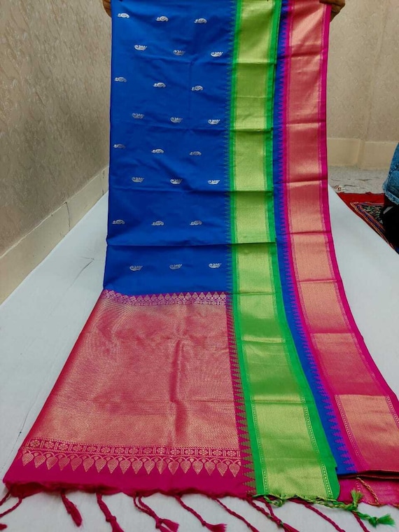 Indian Exclusive Semi Kancheepuram Soft Silk Saree with Gadwal Inspired Ganga Jamuna Border  Wedding Partywear SariExpress Delivery