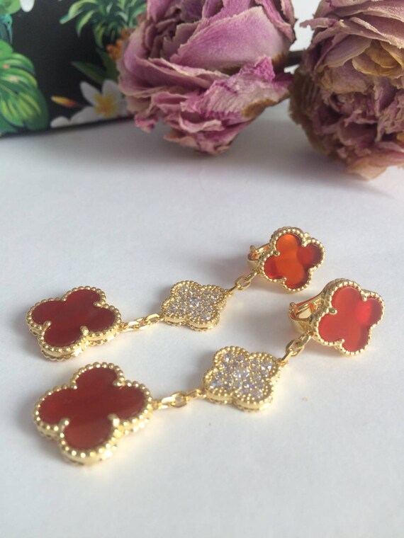 18K Yellow Gold Pink Enamel Polka Dot Flower Dangle Earrings