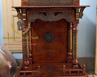 Wooden Temple Mandir Copper Gold Finished Beautiful Pooja Room Handcrafted Mandir Pooja Ghar Mandap For Worship Home Decor Art