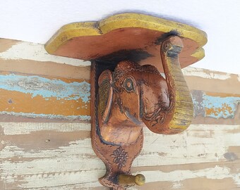 Wood Wall Bracket shelf Shelving Handcrafted Elephant Wood Carved Embossed Painted Unique Hand Handcrafted Collectible Home Decor Art