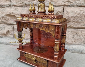 Wood Temple Mandir Handcrafted Hindu Pooja Ghar Mandap For Worship Copper Gold Painted Home  office and Wall Decor Art