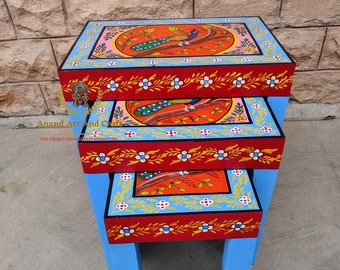 Wooden Indian Solid Wood Hand-Painted Nesting Table Nest of Tables set of 3 wooden stool set/ Ethnic tables/  Side table/ End Table Art