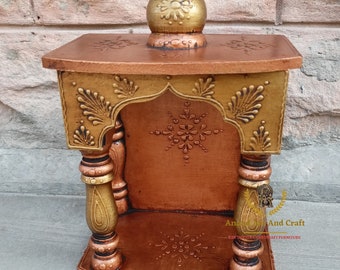 Wood Temple Mandir Handcrafted Hindu Pooja Ghar Mandap For Workship Beautiful Copper Gold Home office and Wall Decor Art