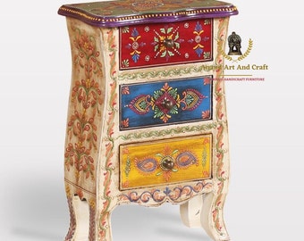 Comodino in legno, tavolo con cassettiera, mobili in legno a 3 cassetti, credenza realizzata a mano con arte artigianale indiana dipinta a mano