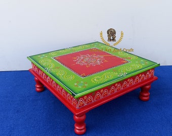 Wooden Pooja Chowki /Handcrafted Bajot/Puja Stool/Handmade Embossed painting Chowki/Wooden Handmade Bajot Indian Handicraft Art