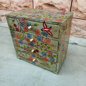 Wooden Cabinet Handmade Hand Painted 4 Drawer Chest Jewellery box / Wooden Storage Box / Indian Handicraft Decor Handicraft Table Decor Art