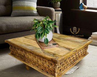 Wood Coffee Table Handcrafted Square Mango with Lattice Carving Center Table Unique Home Decor | Indian Art