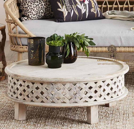 Wood Coffee Table Curved In Mango Lattice Round India Wood Coffee Table Curved In Mango, Lattice Drum Coffee Table