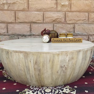 Wooden Cocktail Table Wood White Wash Finished Coffee Table in Round Shape, Hand made Beautifully Home Decor Table Indian Art