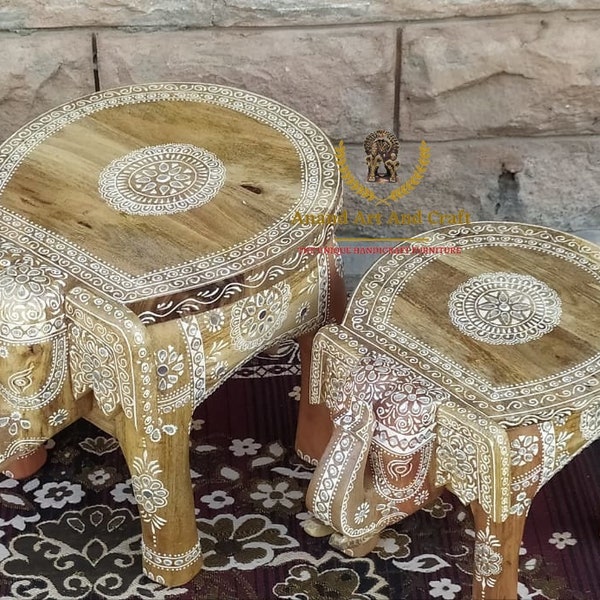 Wood Elephant Table Elephant Stool Indian Handicraft Hand  Painted Home Decor Collectible Indian Art