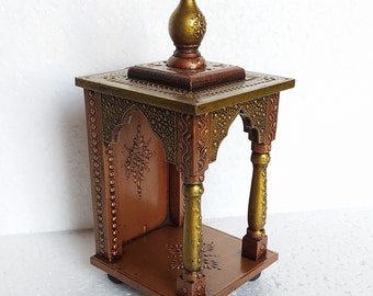 Wood Temple Mandir Handcrafted Hindu Pooja Ghar Mandap For Worship Copper Gold Painted Home  office and Wall Decor Art