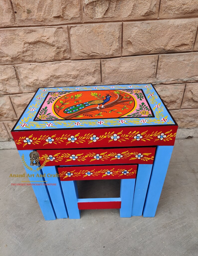 Wooden Indian Solid Wood Handpainted Nesting Table Nest of Etsy