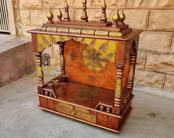 Wooden Temple Mandir Pooja Chowki Ghar Mandap For Worship Home Office Wall Decor Indian Art Pooja Room Decor Handicraft Art