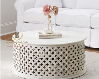Wooden Coffee Table Cocktail Table Wooden Round Curved Table Solid Lattice Table Home Decor Room Decor Indian Handicraft Living Room Art