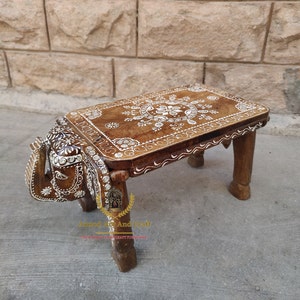 Wooden Elephant Table Indian Handicraft Wooden Elephant Stool Wooden Top Small Coffee Table Embossed Work Home Decor Collectible Indian Art