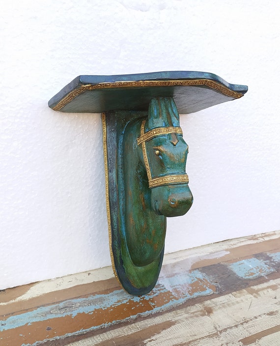 Wood Wall Bracket Shelf Shelving Handcrafted Horse Wood Carved Brass Fitted Unique Hand Made Collectible Home Decor Art