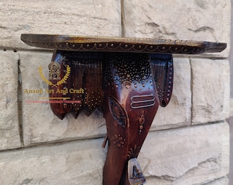 Wooden Wall Bracket shelf Shelving Handcrafted Elephant Wood Carved Copper Gold Unique Collectible Home Decor Art