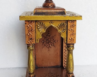 Wood Temple Mandir Handcrafted Hindu Pooja Ghar Mandap For Worship Copper Gold Painted Home  office and Wall Decor Art