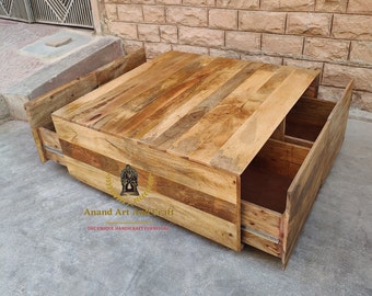 Wood Coffee Table, With 4 Drawers Box Style Storage Coffee Table, Wooden Coffee Table,  Wooden Cocktail Table, Unique Table, Hand made Art
