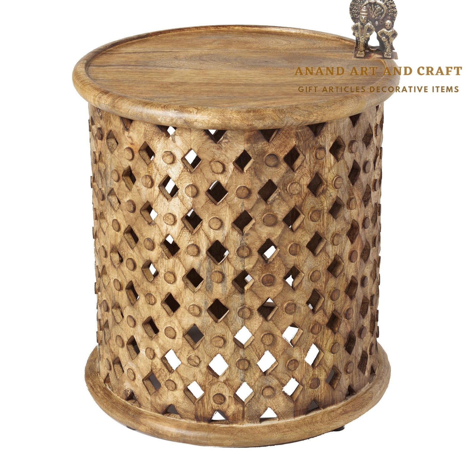 Wooden Coffee Table Round Lattice Carved Wood Accent Table/ Etsy