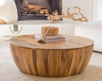 Wood Coffee Table Wooden Cocktail Table Wooden Drum Table Unique table Hand made Round Beautifully Home Decor Table Living Room Decor Art