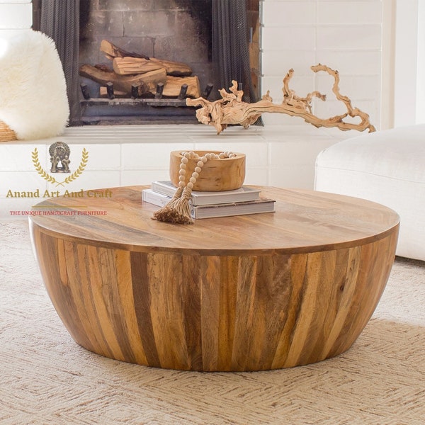 Wood Coffee Table Wooden Cocktail Table Wooden Drum Table Unique table Hand made Round Beautifully Home Decor Table Living Room Decor Art