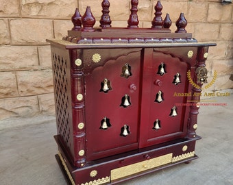 Wooden Temple Mandir Handcrafted Window Pooja Ghar Mandap With Beautiful Brass Fitted Gold For Worship Home Office Wall Decor Indian Art