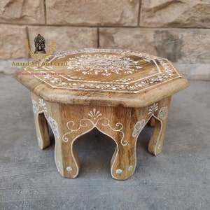 Wooden Pooja Chowki / Wooden Top / Handcrafted Bajot / Puja Stool / Handmade Embossed painting Chowki / Wooden Handmade Bajot Indian Art