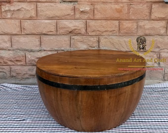 Wood Coffee Table Storage Wooden Cocktail Table Unique Table Hand made Round Beautifully Home Decor Table Indian Handcrafted Art Decor
