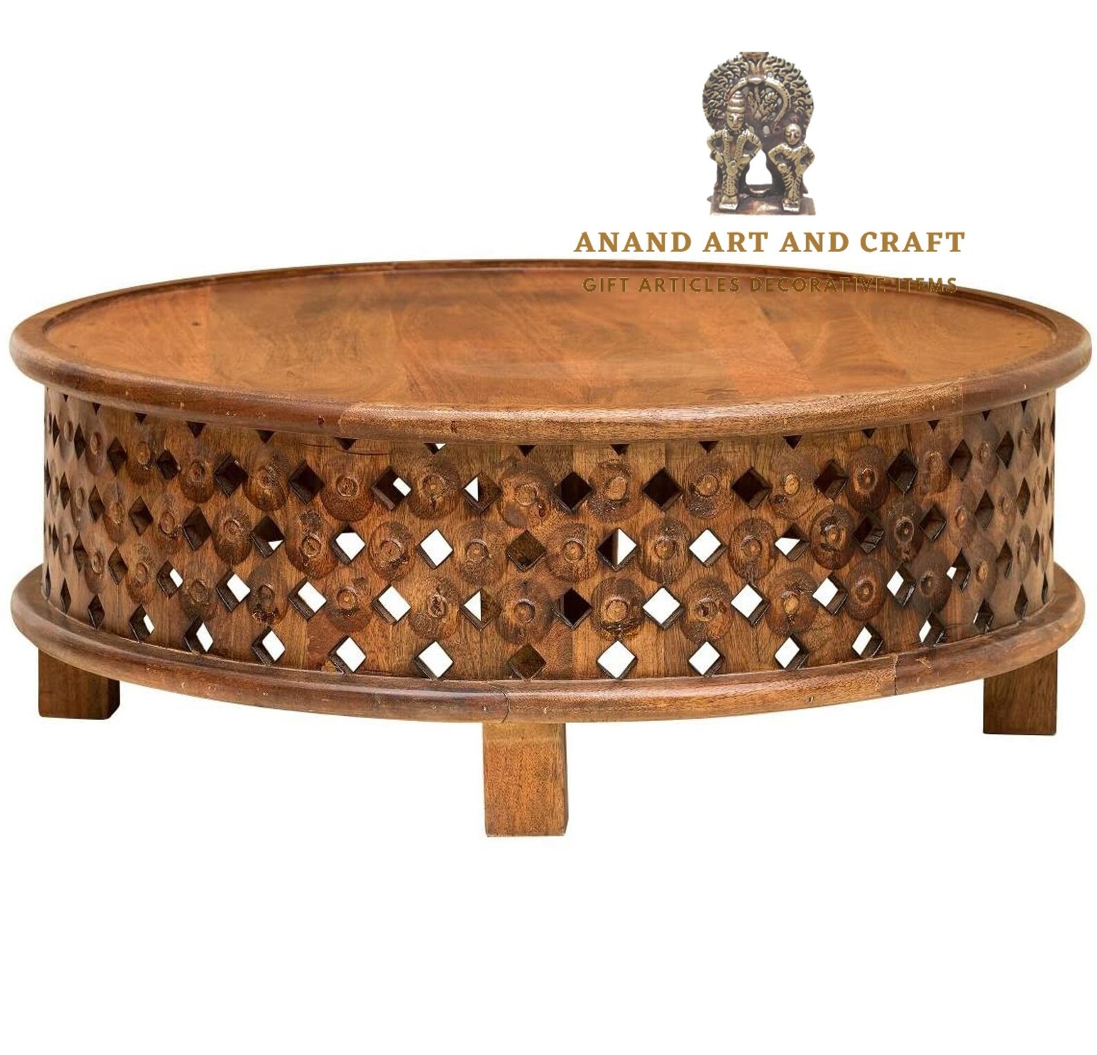Mango Solid Wood Round Lattice Carved Coffee Table / Wooden Etsy
