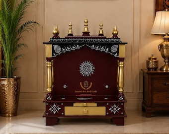Houten tempel Mandir, prachtige handgemaakte Mandir Pooja Ghar Mandap voor aanbidding, huisdecoratie, handgemaakte decoratie, Indiase kunst