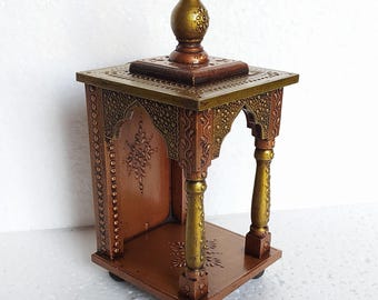 Houten Tempel Mandir Handgemaakte Hindoe Pooja Ghar Mandap Voor Aanbidding Koper Goud Geschilderd Thuiskantoor en Muur Decor Art