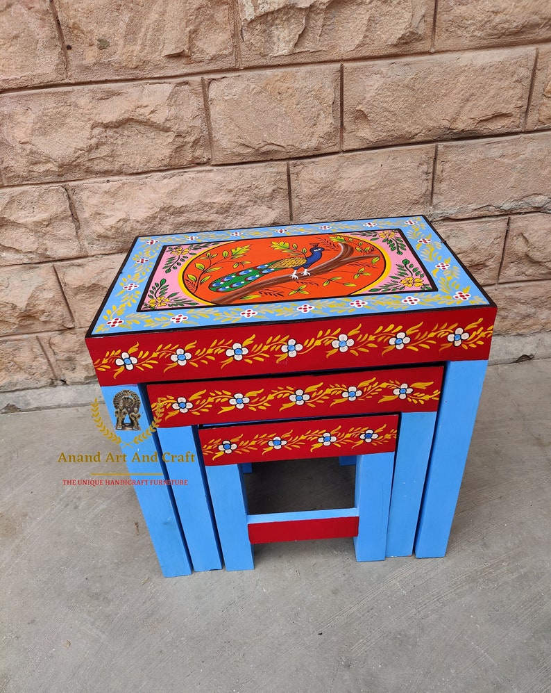 Wooden Indian Solid Wood Handpainted Nesting Table Nest of Etsy