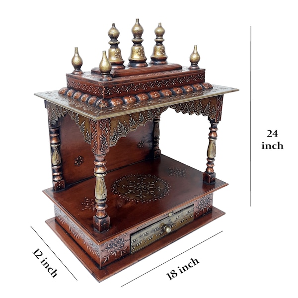 Wooden Temple Mandir Handcrafted Pooja Ghar Mandap With 9 Pooja Items For Worship Home Office Wall Decor Indian Art