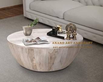 Wooden Coffee Table Cocktail Table Wood White Wash Color  Round Shape, Hand made Beautifully Home Decor Table Indian Art