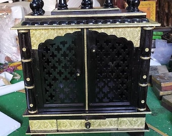 Templo de madera Mandir latón ventana hecha a mano Pooja Ghar Mandap para adoración hogar oficina decoración de pared arte