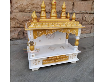Wooden Temple Mandir White + Gold Finished Beautiful Hanging Bells Handcrafted Mandir Pooja Ghar Mandap For Worship Home Decor Art Home Art