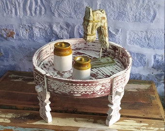 Tavolo in legno Chakki, tavolino da caffè, aspetto rustico, tavolo da macina, intaglio a mano, design antico, da collezione, decorazione artistica indiana
