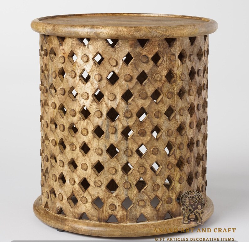 Wooden Coffee Table Round Lattice Carved Wood Accent Table/ Etsy
