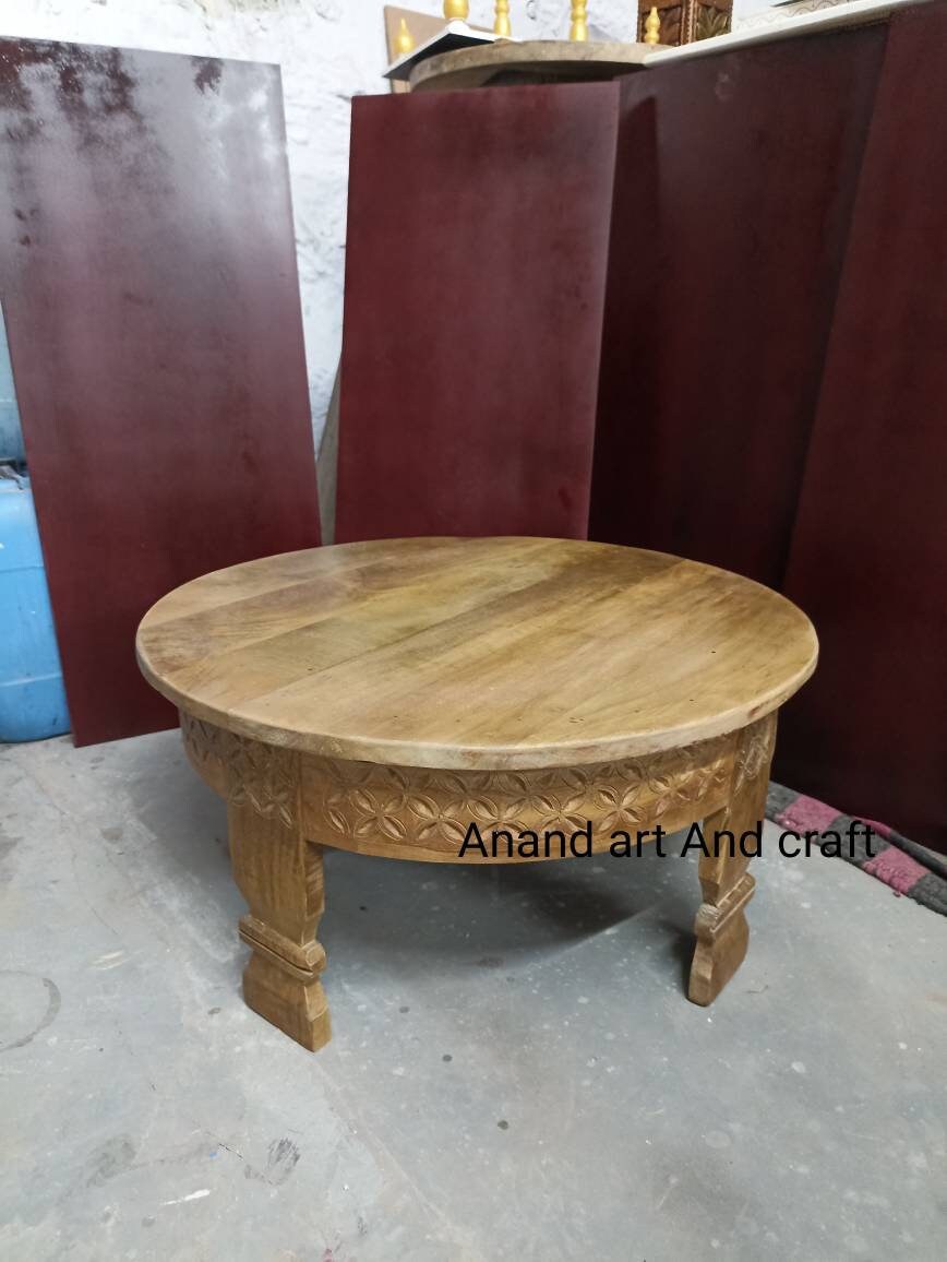 Wood Coffee Table Hand Made Craved Round Indian Grinder Table