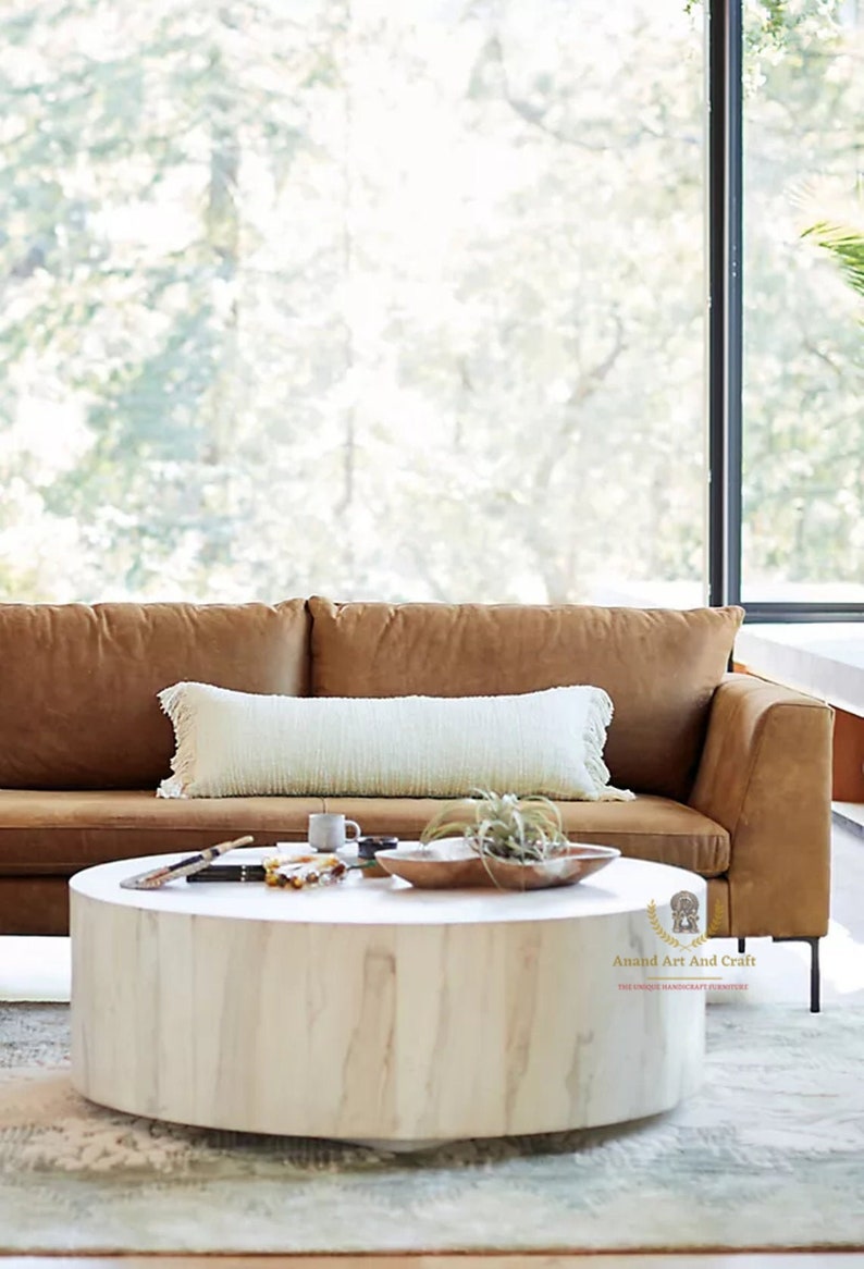 Wood Coffee Table Whitewash Coffee Table Solid Wooden Round Etsy