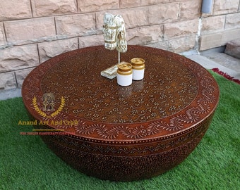 Wood Coffee Table Copper Gold Wooden Beautifully Embossed Work Cocktail Table Unique Table Hand made Round Table Indian Handcrafted Art