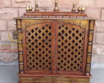 Wooden Temple Mandir  Copper and Gold Handcrafted Mandir with Bells | Elegant Pooja Ghar for Worship & Home Décor