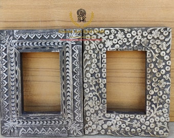 Wooden Photo Frame Black Glossy Photo Rustic Look Wood Frame Hand Made and Carved Unique Photo Frame Indian Decor Art Set of 2