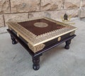 Wooden Chowki Bajot | Handcrafted Pooja Table | Indian Brass Fitted Decor | Wooden Handmade Bajot Indian Art