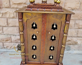 Wooden Temple Mandir copper gold finish Handcrafted Window Pooja Ghar Mandap With Brass Bell  For Worship Home Office Wall Decor Indian Art