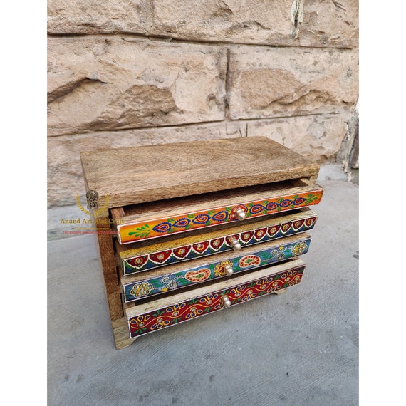 Cajonera pequeña de madera de mango, cajonera pintada a mano, joyero, caja  de recuerdo, regalo para niñas, regalo para el día de la madre, estilo  bohemio -  España